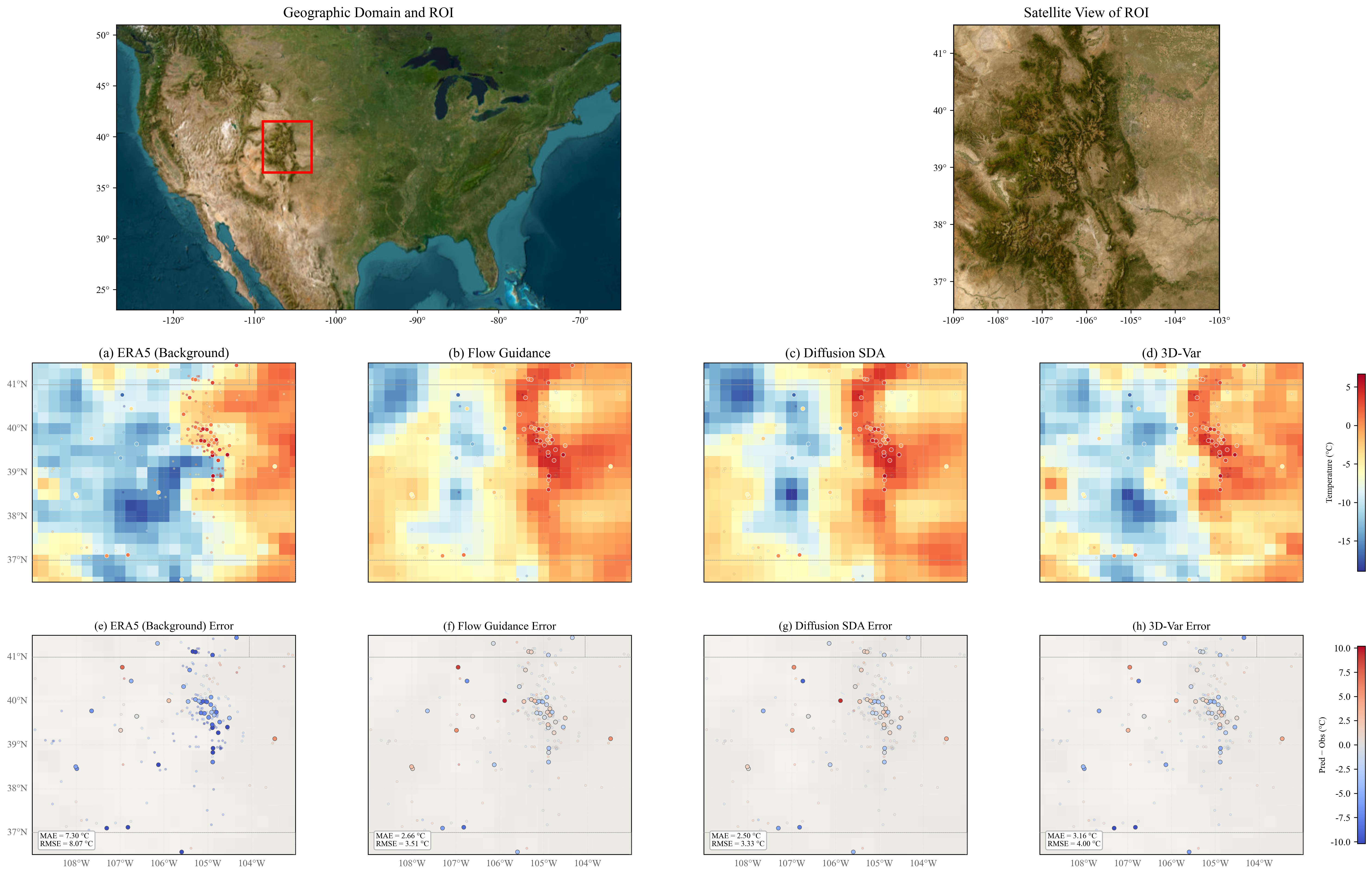 Rocky Mountains t2m case study: ERA5 background, observations, and assimilation outputs across methods